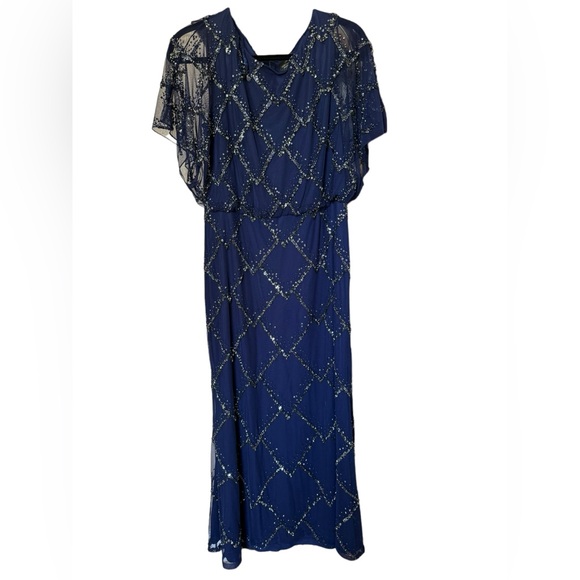 Adrianna Papell HAND-BEADED BLOUSON LONG GOWN WITH FLUTTER SLEEVES IN LIGHT NAVY - Picture 3 of 16